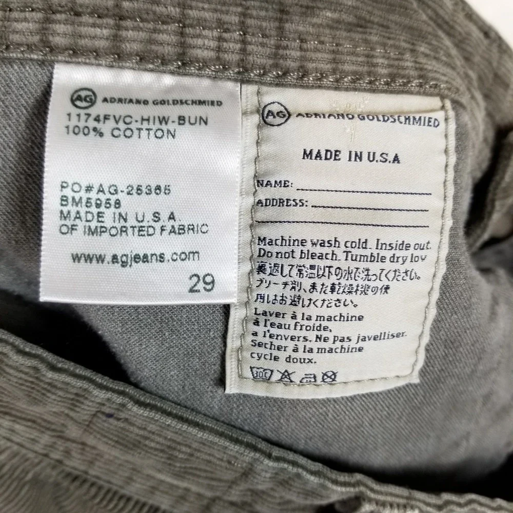 AG Adriano Goldschmied The Graduate Corduroy Pants 29 Olive Grey 1174FVC-HIW-BUN